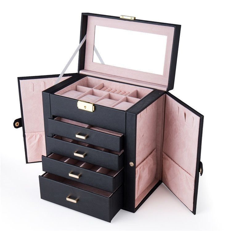 Conjunto de joyas de cuero rosa negro de lujo cuadrado/anillo/auricular/collar/brazalete/caja de exhibición de relojes