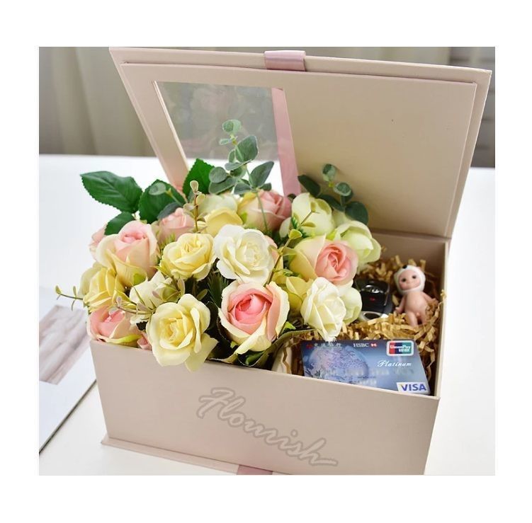 Embalaje de caja de regalo de flores de color personalizado con ventana transparente y cinta ecológica